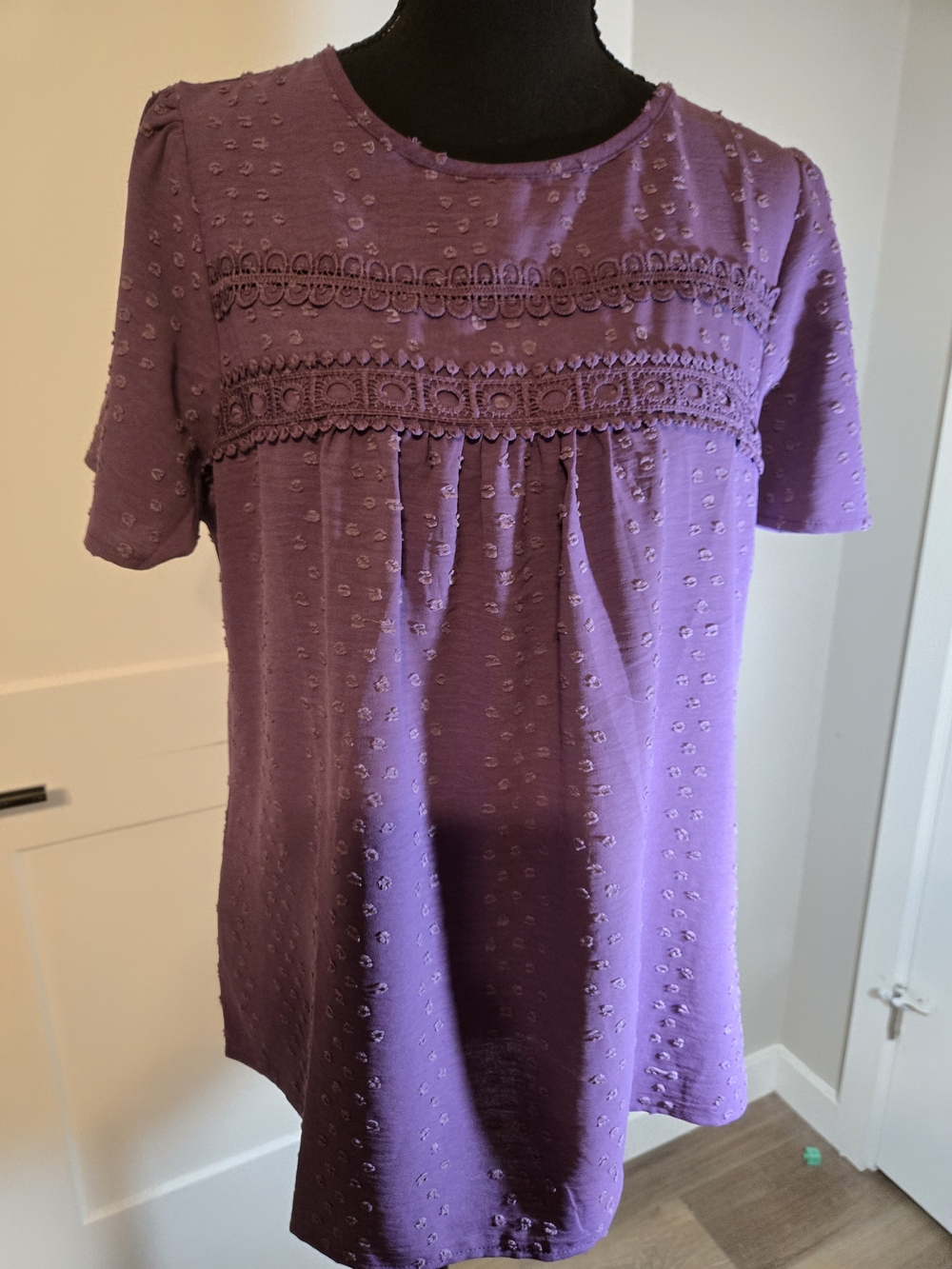 NWT Falechay Purple Swiss Dot Women’s Purple Short-Sleeve Textured Lace Yoke Top